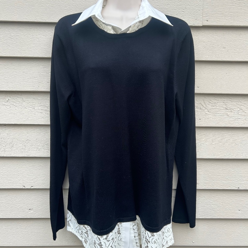 Black Long Sleeve Sweater with detachable collar and attached lace hem. Size XL.